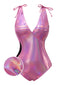 Maillot de bain rose avec nœud profond en V brillant creux années 70