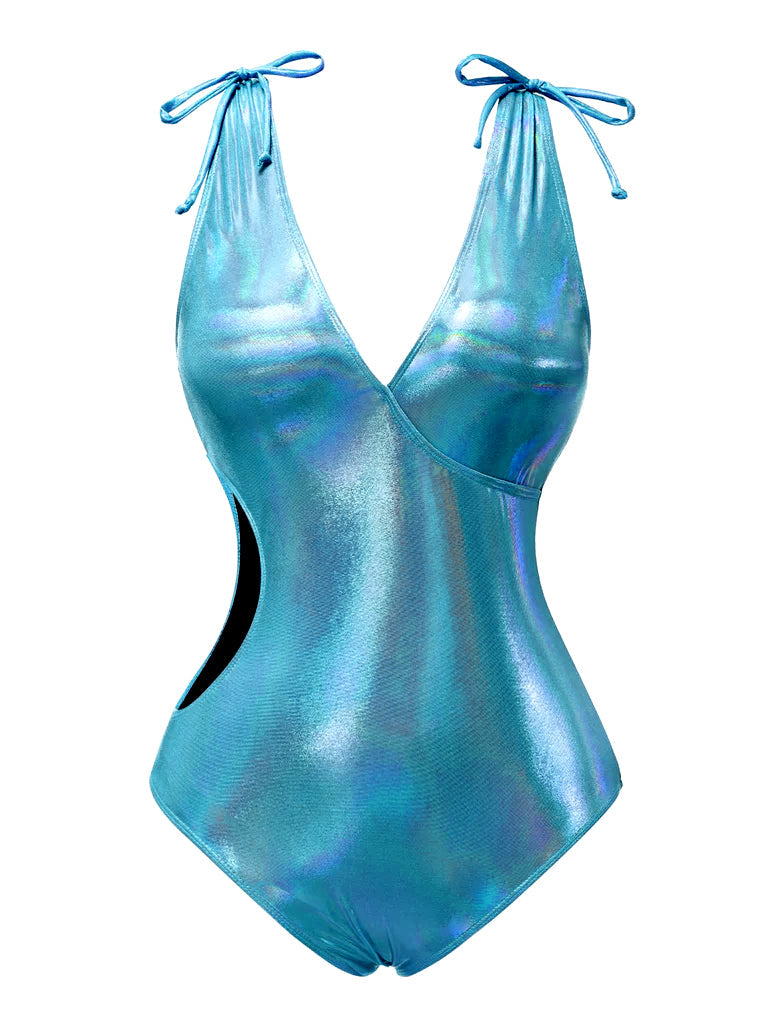 Maillot de bain rose avec nœud profond en V brillant creux années 70