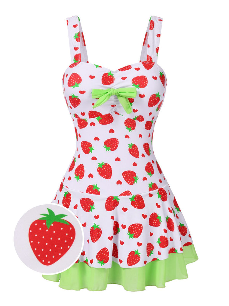 Maillot de bain robe rouge et vert avec nœud à fraises des années 40