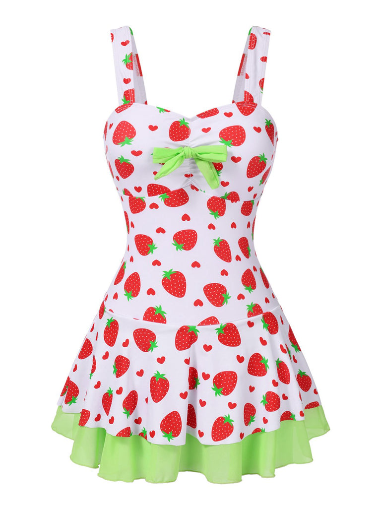 Maillot de bain robe rouge et vert avec nœud à fraises des années 40