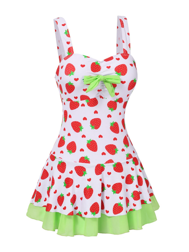 Maillot de bain robe rouge et vert avec nœud à fraises des années 40