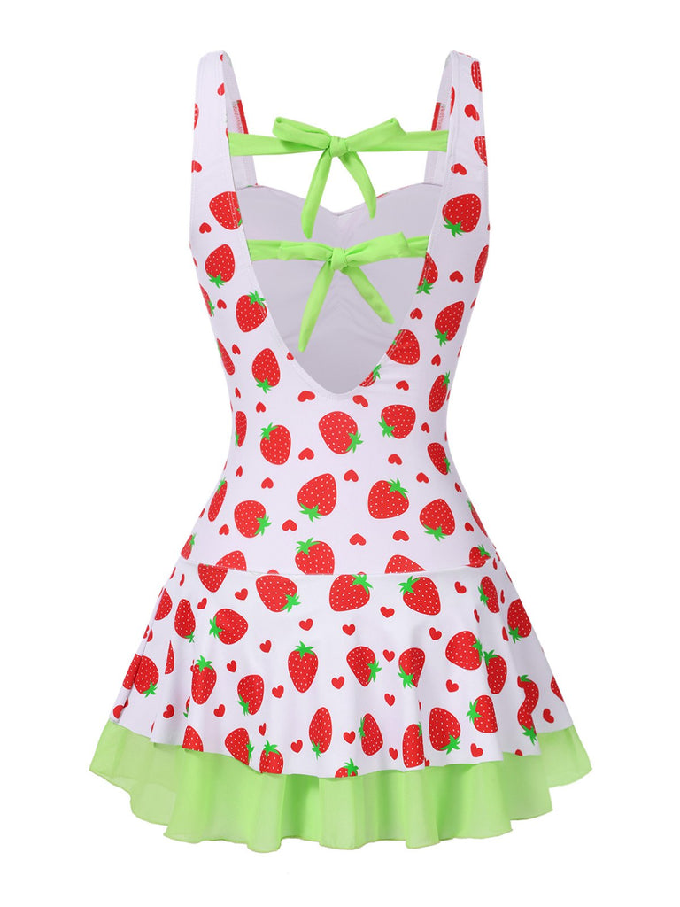 Maillot de bain robe rouge et vert avec nœud à fraises des années 40