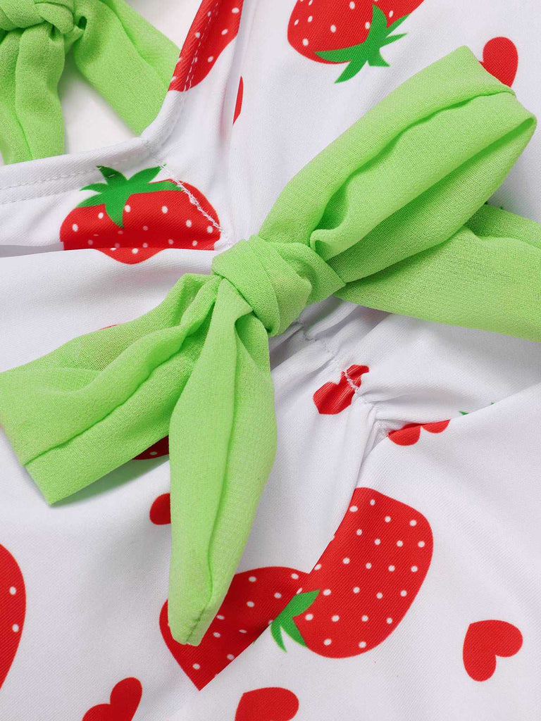 Maillot de bain robe rouge et vert avec nœud à fraises des années 40