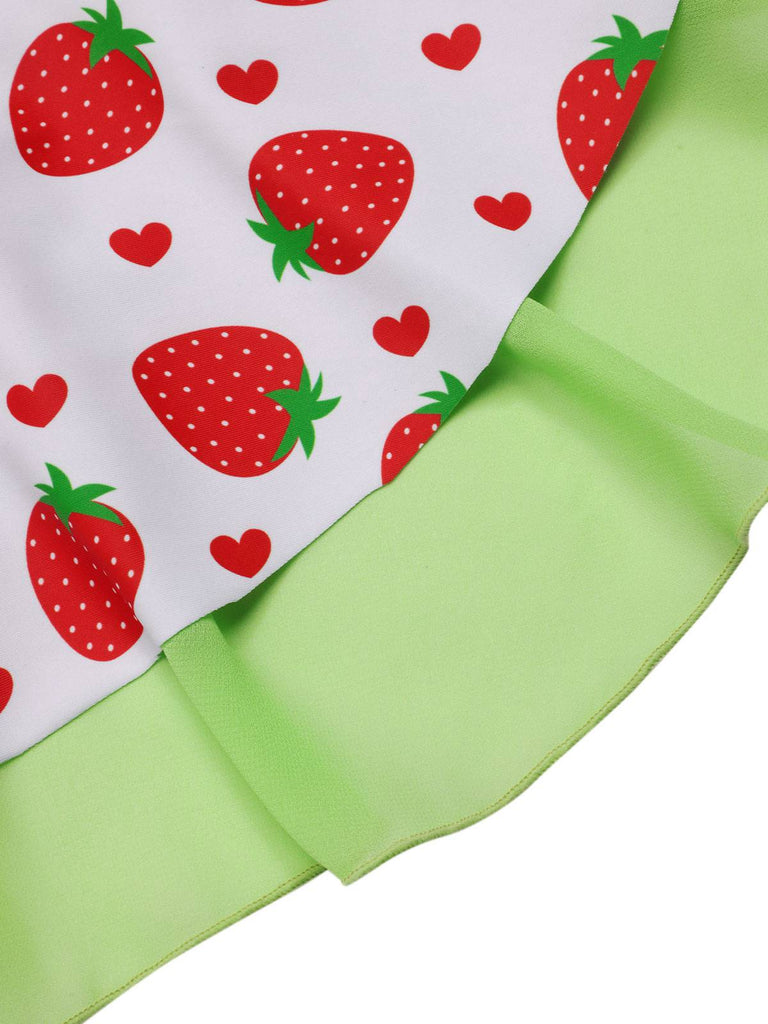Maillot de bain robe rouge et vert avec nœud à fraises des années 40