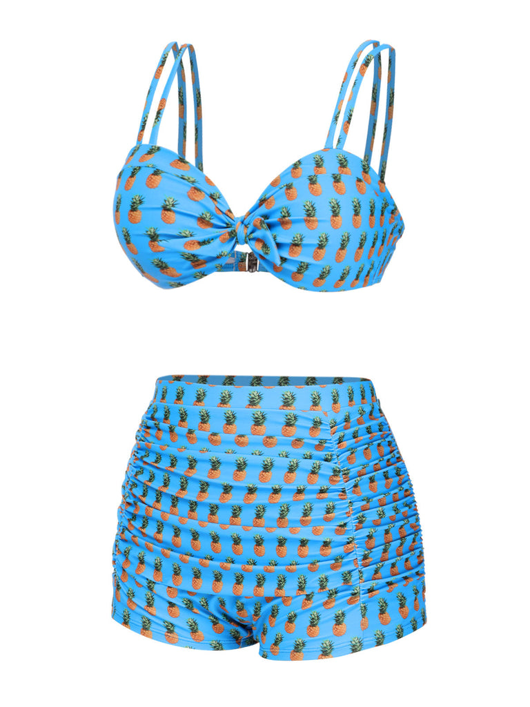 Maillot de bain à bretelles bleu ananas et nœud années 50