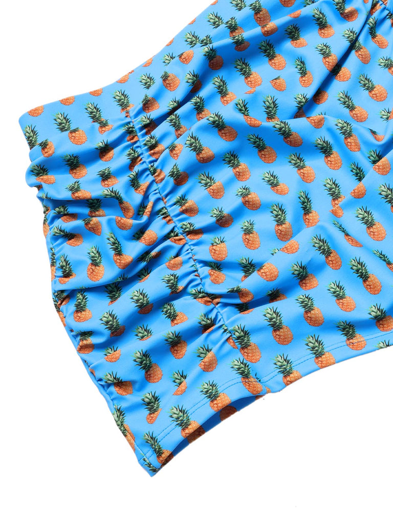 Maillot de bain à bretelles bleu ananas et nœud années 50