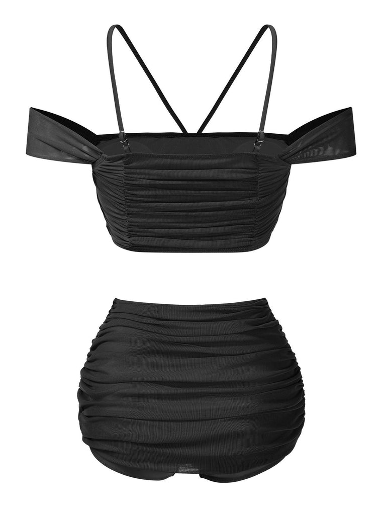 Maillot de bain dos nu froncé noir uni des années 1930
