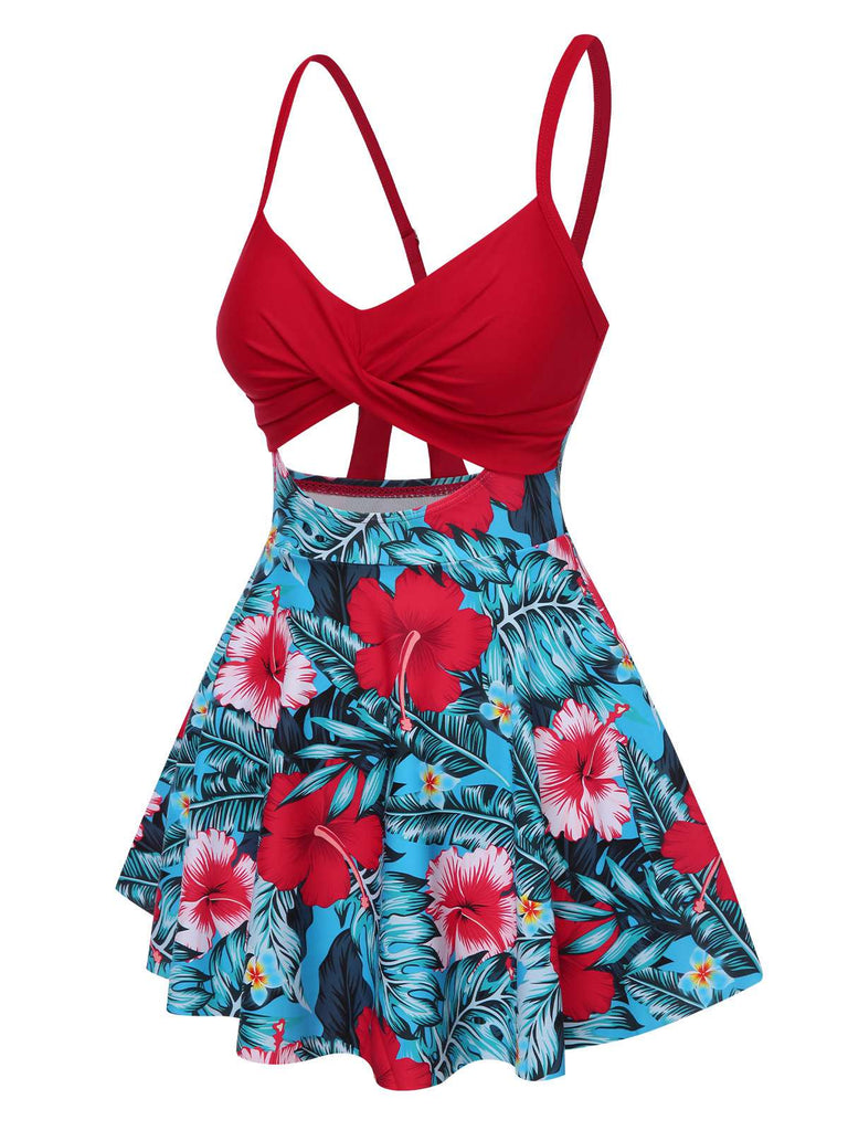 Robe de bain multicolore à bretelles creuses et à fleurs des années 1940