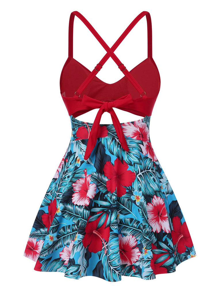 Robe de bain multicolore à bretelles creuses et à fleurs des années 1940