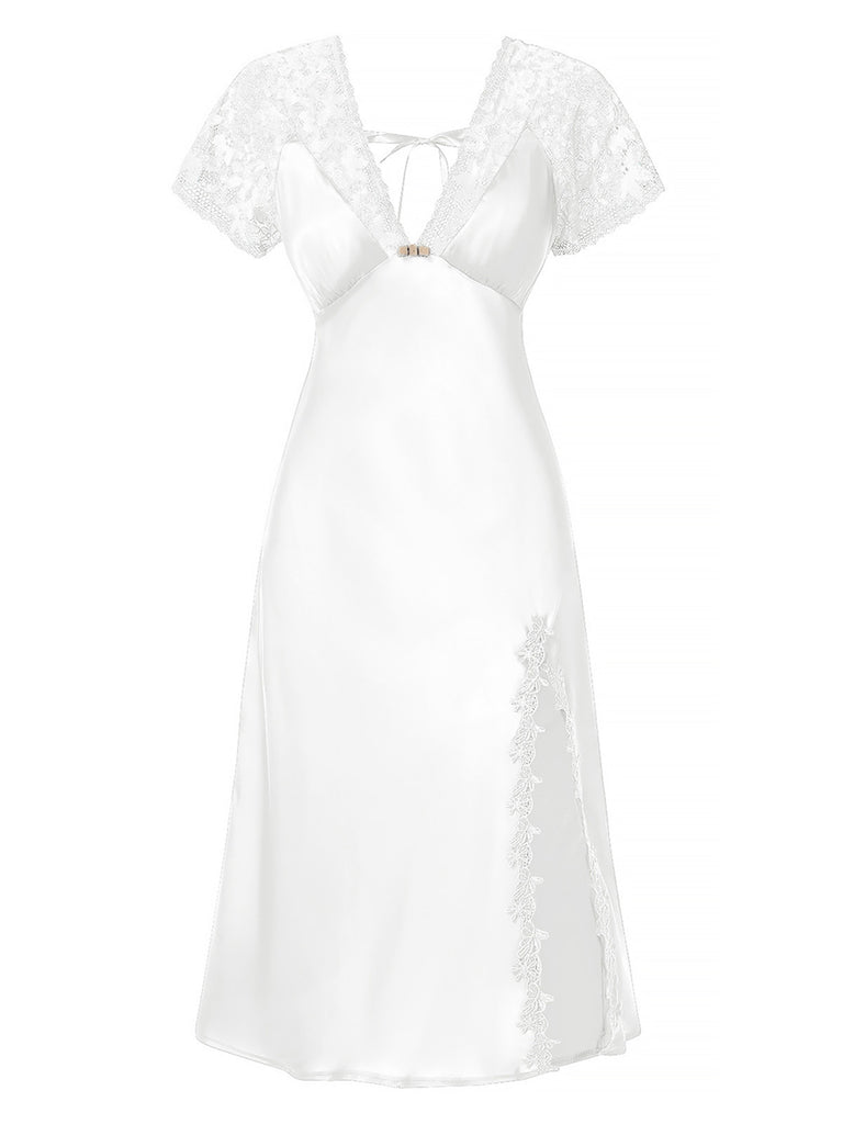 Chemise de nuit en satin à lacets patchwork de dentelle années 1960