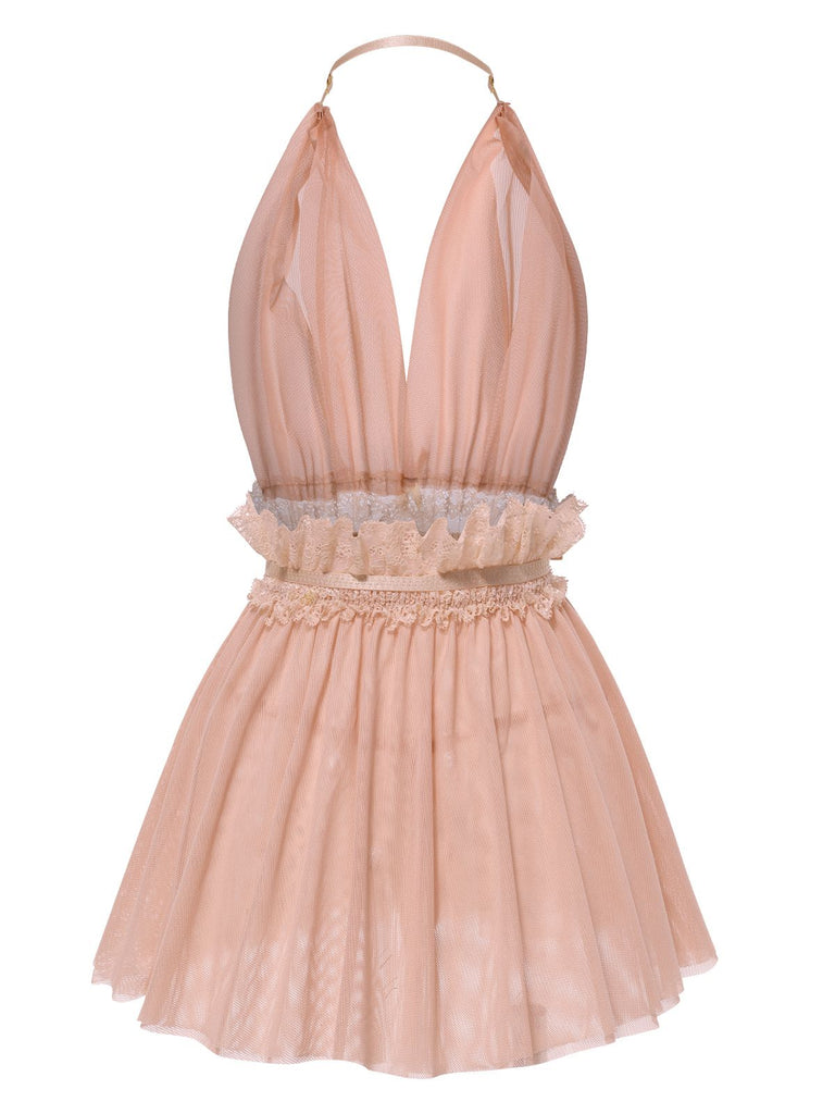 Lingerie dos nu en dentelle et maille col en V profond années 1950