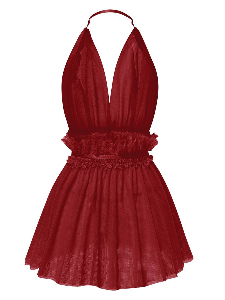 Lingerie dos nu en dentelle et maille col en V profond années 1950