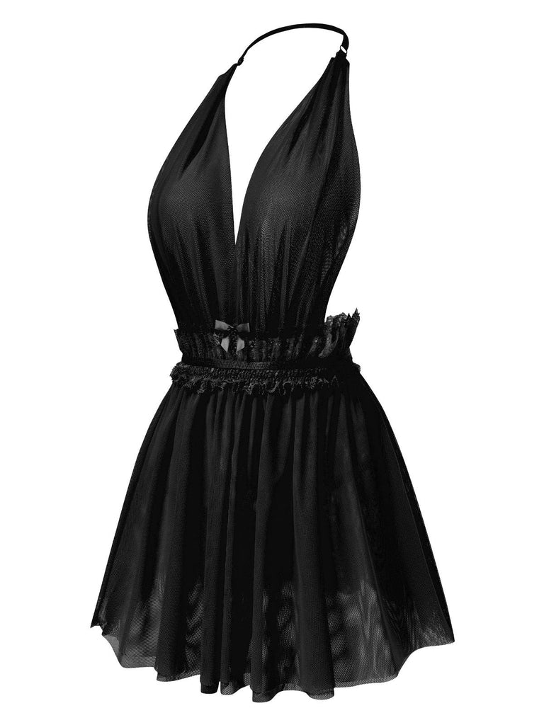 Lingerie dos nu en dentelle et maille col en V profond années 1950