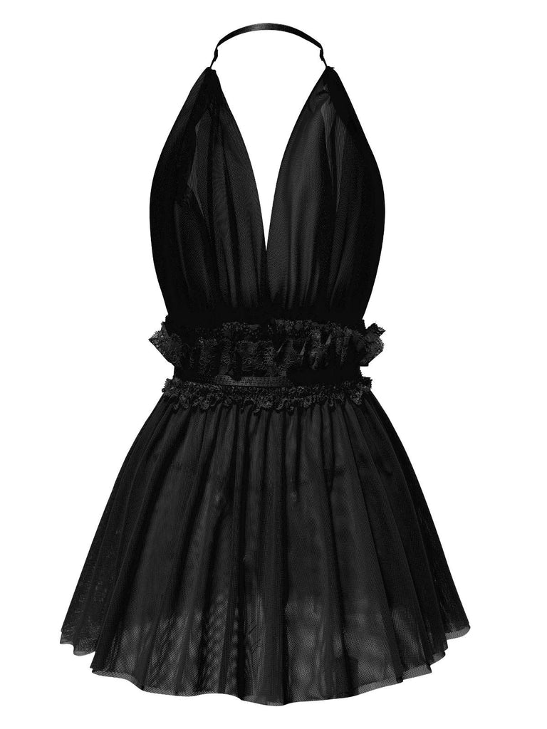 Lingerie dos nu en dentelle et maille col en V profond années 1950