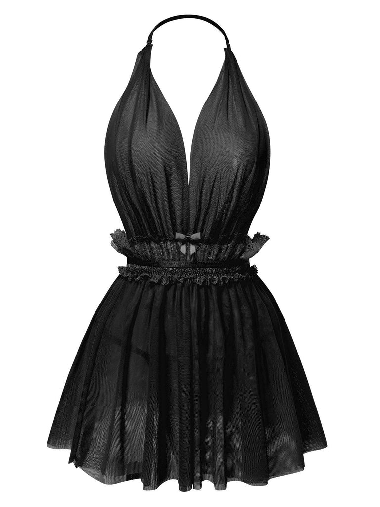 Lingerie dos nu en dentelle et maille col en V profond années 1950