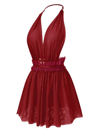 Lingerie dos nu en dentelle et maille col en V profond années 1950