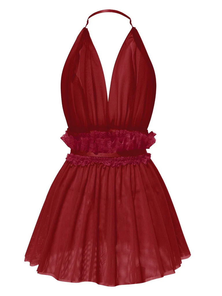 Lingerie dos nu en dentelle et maille col en V profond années 1950