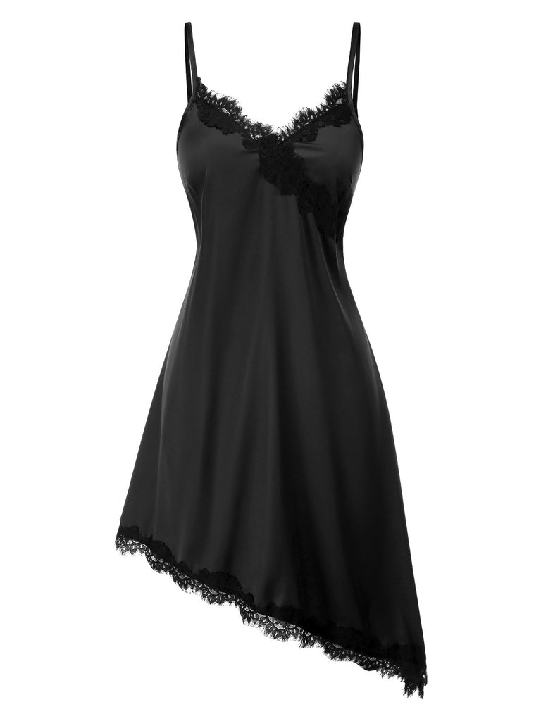 [Pré-vente] Nuisette noire en dentelle patchwork à ourlet irrégulier des années 1960