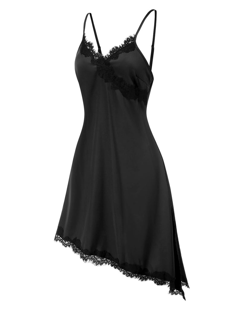 [Pré-vente] Nuisette noire en dentelle patchwork à ourlet irrégulier des années 1960