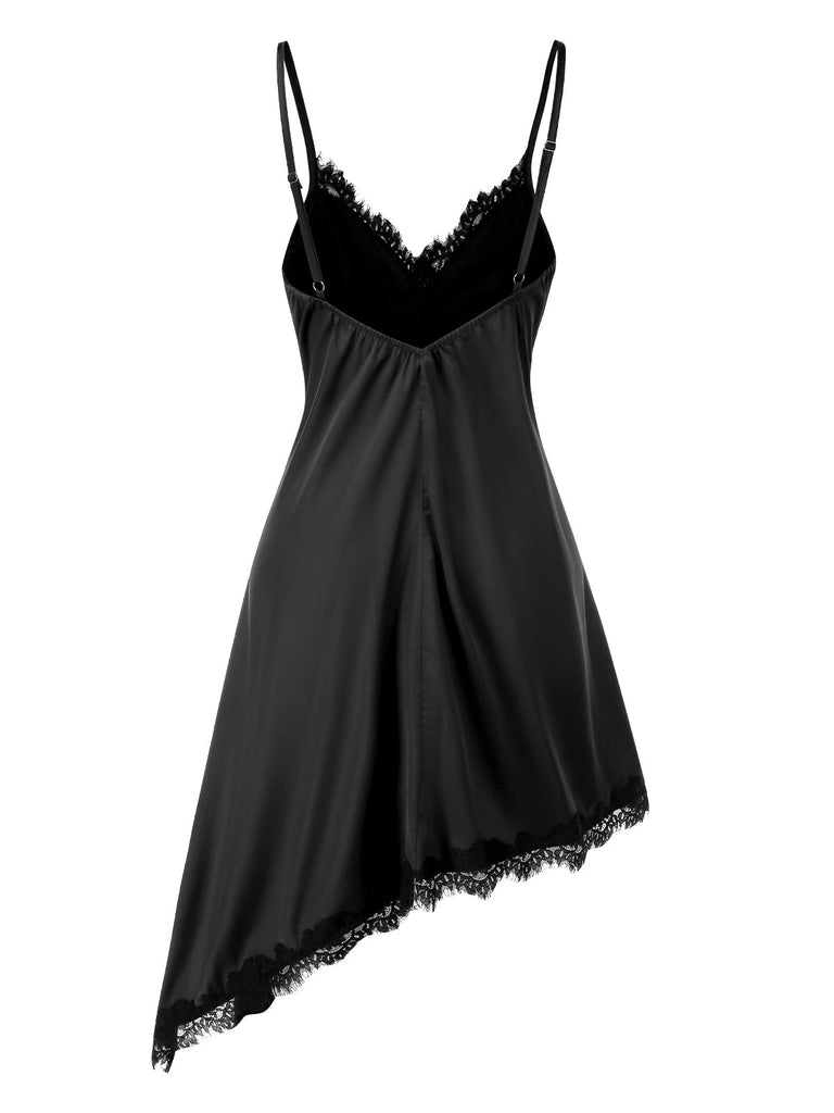 [Pré-vente] Nuisette noire en dentelle patchwork à ourlet irrégulier des années 1960