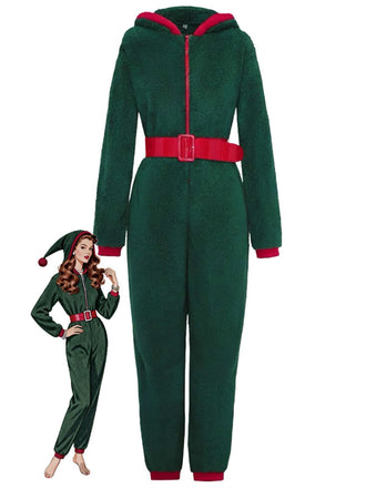 Combinaison pyjama de Noël verte en sherpa à capuche années 1970