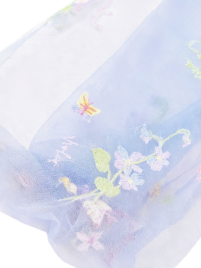 Robe longue à manches longues en maille brodée de fleurs bleues années 1930