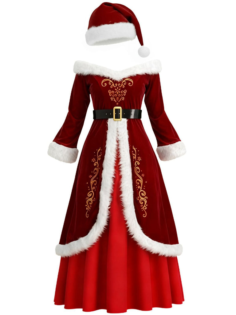 Robe de Noël rouge en velours et fausse fourrure des années 1930
