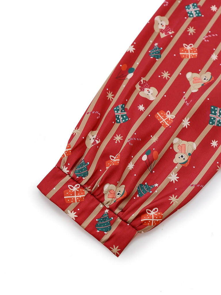 [Pré-vente] Ensemble pyjama rouge à rayures ours en peluche Noël des années 1950