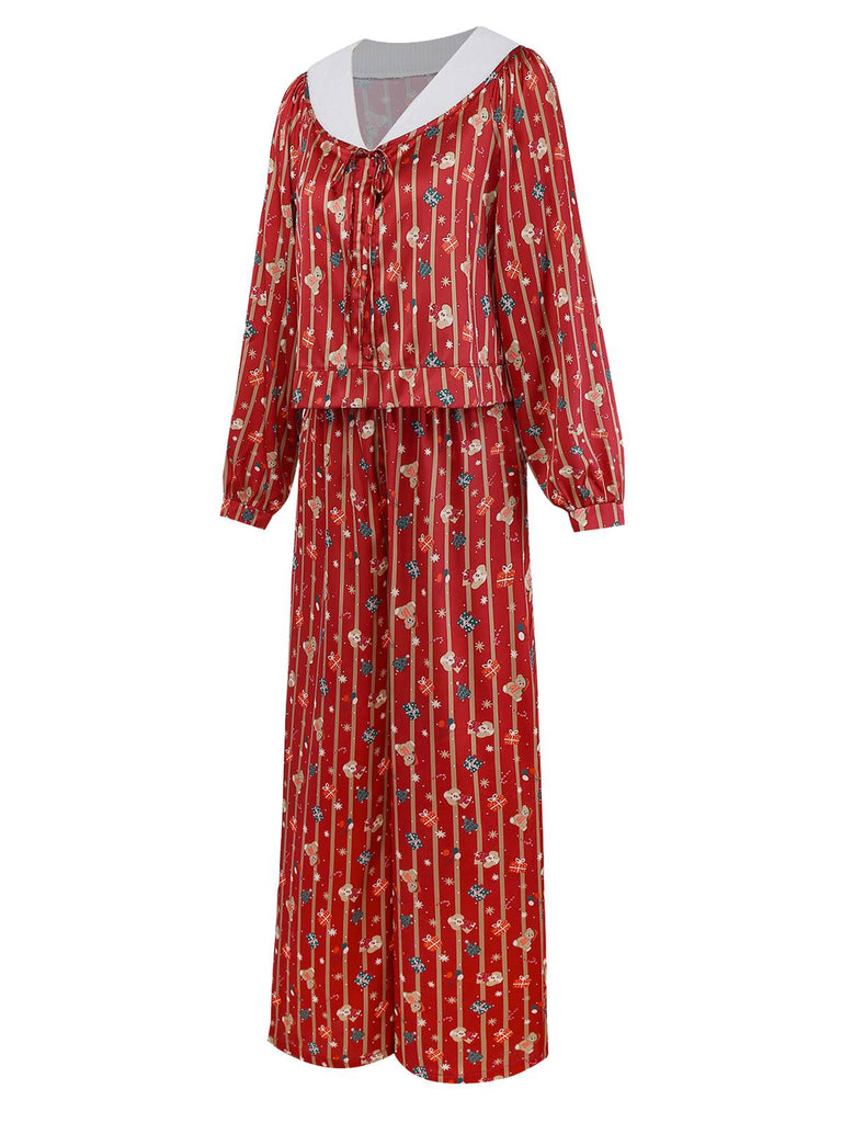 [Pré-vente] Ensemble pyjama rouge à rayures ours en peluche Noël des années 1950