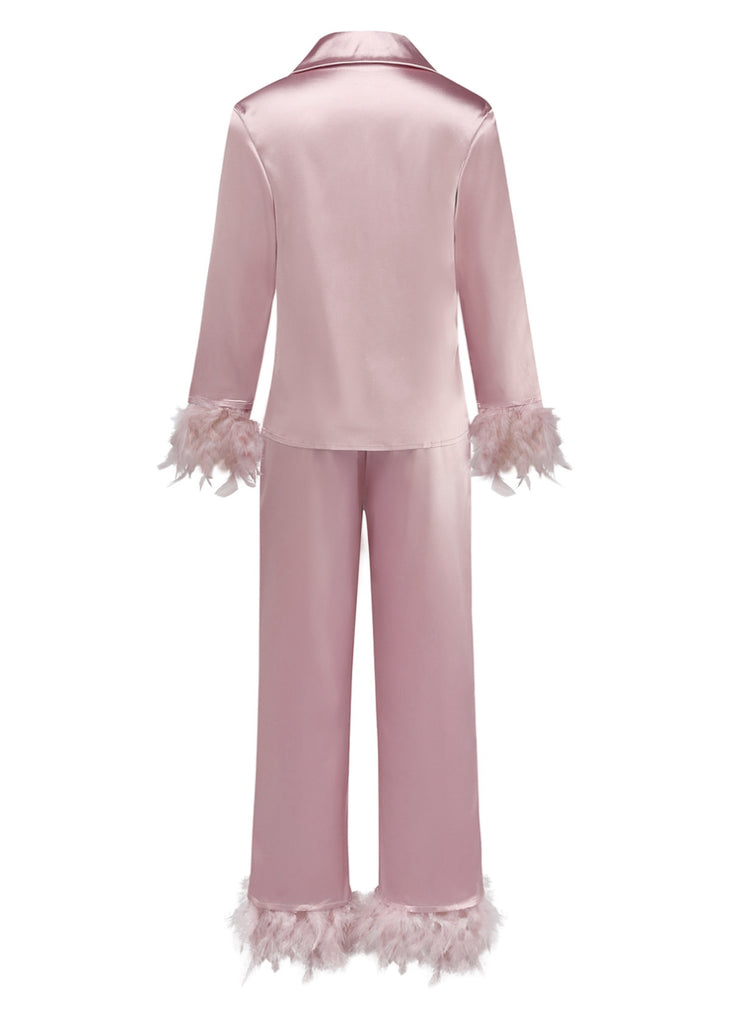 Ensemble pyjama en satin uni à bordure de plumes des années 1930