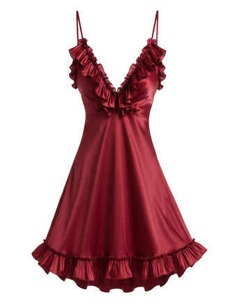 [Pré-vente] Robe nuisette rouge à volants col en V profond en satin des années 1970