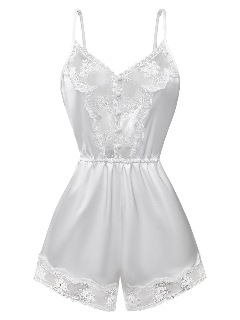 [Prévente] Pyjama Romper Camisole Blanc Bordure De Dentelle Années 1960