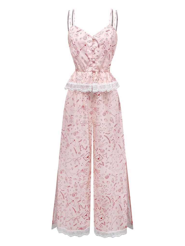 [Prévente] Ensemble pyjama camisole rose empiècements en dentelle années 70