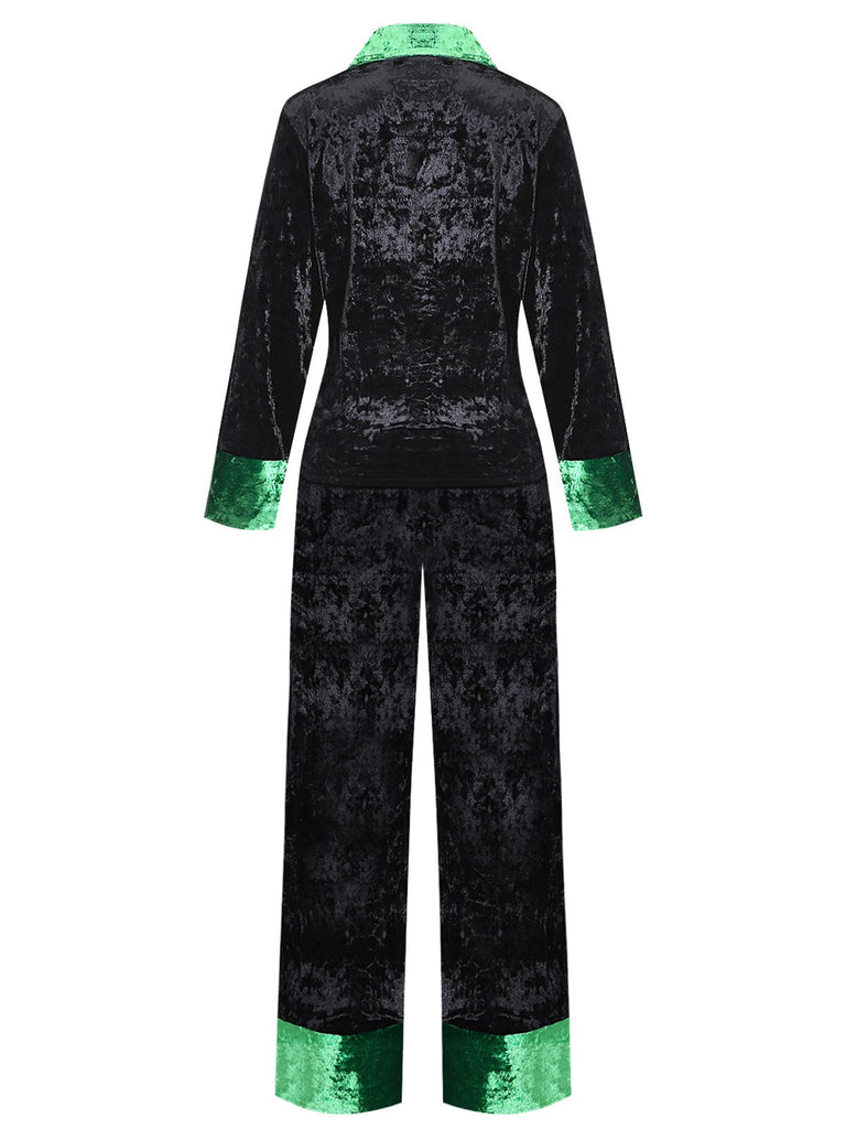 Ensemble pyjama en velours scintillant vert et noir avec col cranté années 1960