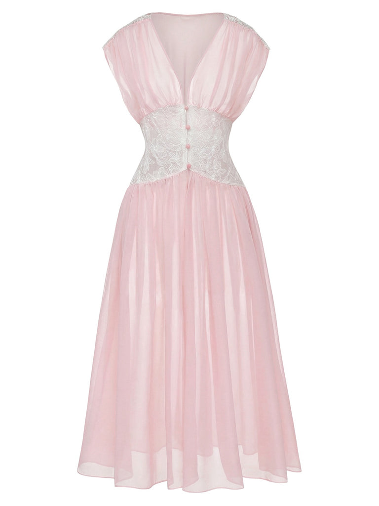 [Prévente] Robe de chambre rose en dentelle plissée et résille taille cintrée années 1930