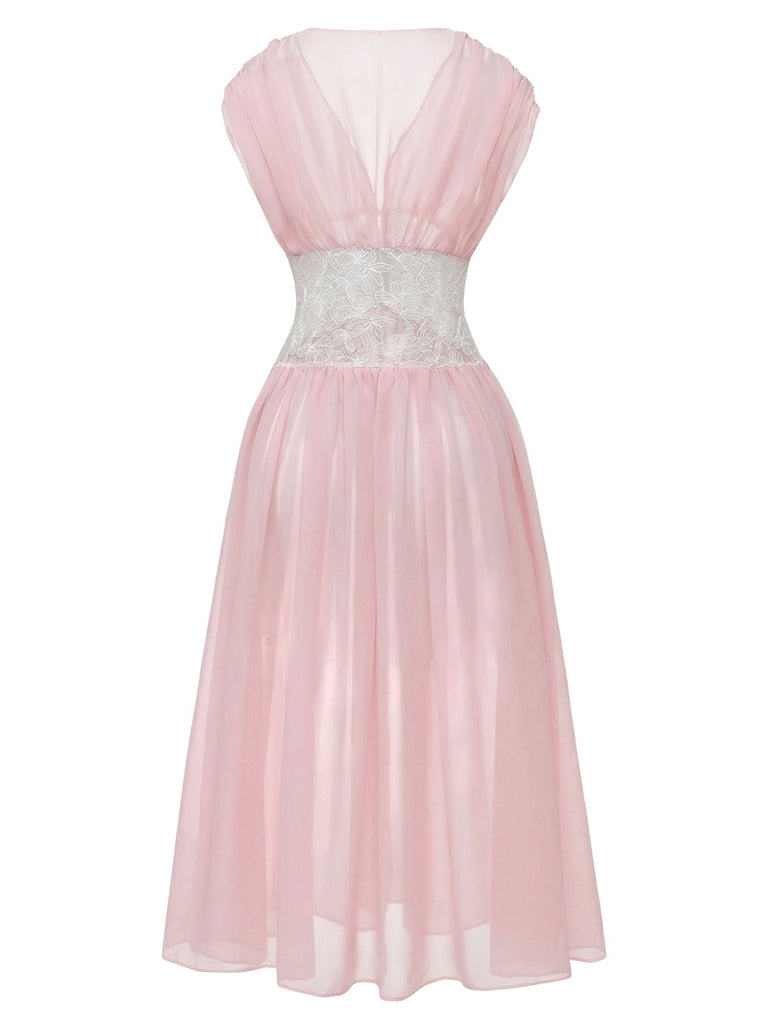 [Prévente] Robe de chambre rose en dentelle plissée et résille taille cintrée années 1930