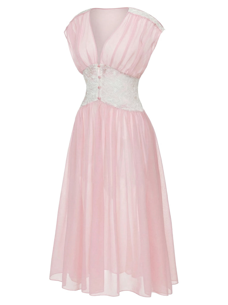 [Prévente] Robe de chambre rose en dentelle plissée et résille taille cintrée années 1930