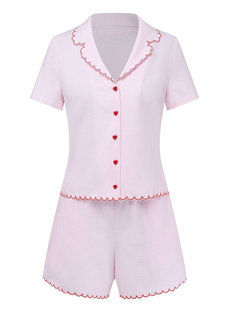 [Prévente] Pyjama en Coton Rose Pâle Fines Rayures Boutons en Forme de Cœur Années 1950