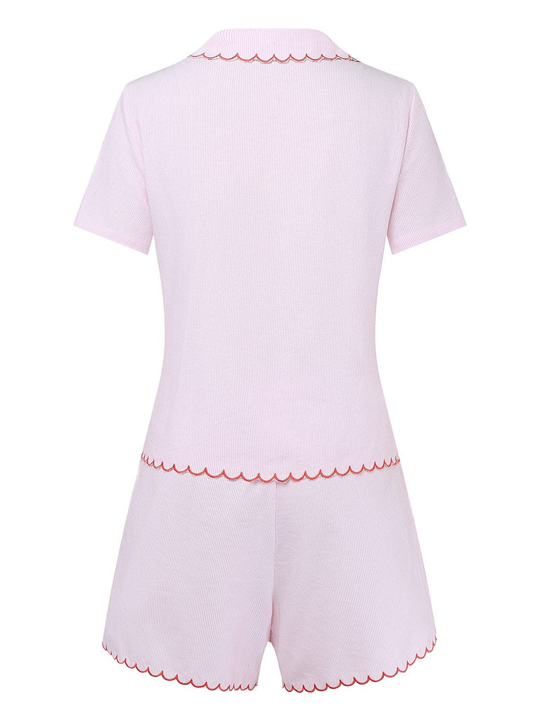 [Prévente] Pyjama en Coton Rose Pâle Fines Rayures Boutons en Forme de Cœur Années 1950
