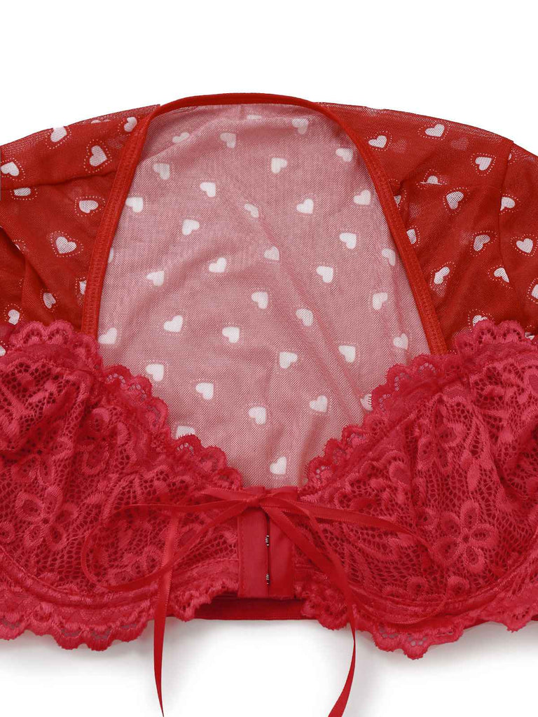 [Prévente] 2PCS Pyjama rouge imprimé cœur à volants et nœud pour Valentin années 1960