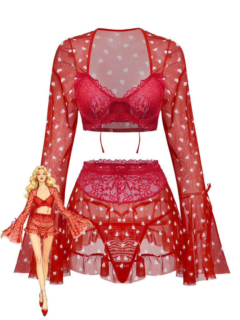 [Prévente] 2PCS Pyjama rouge imprimé cœur à volants et nœud pour Valentin années 1960