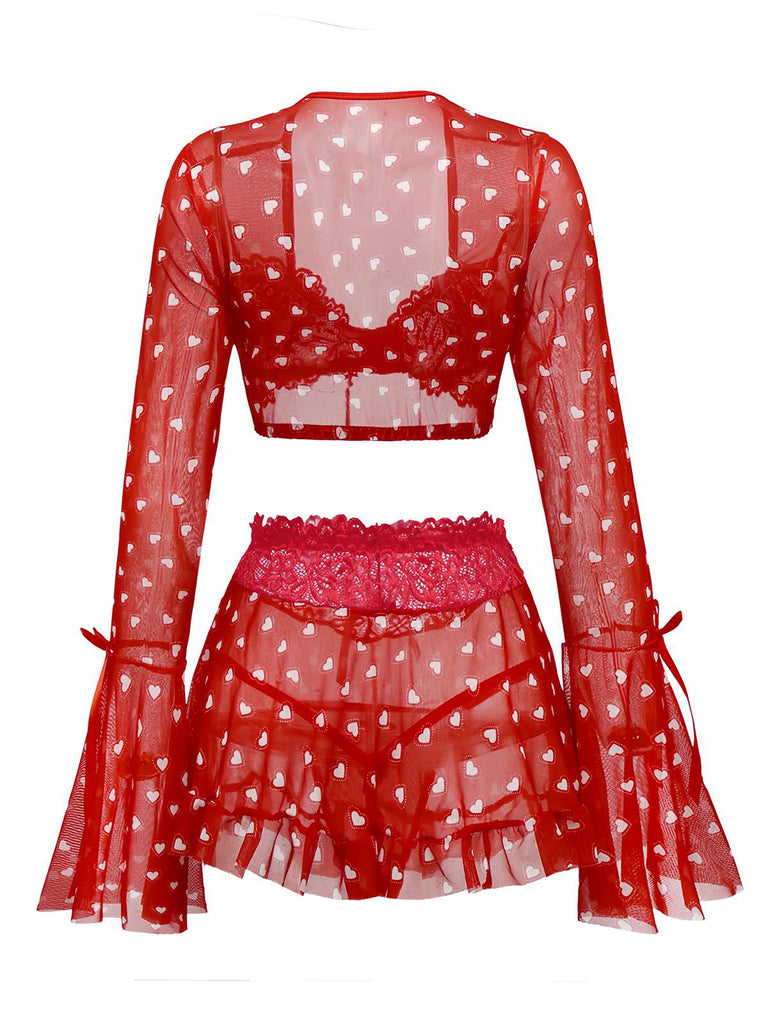 [Prévente] 2PCS Pyjama rouge imprimé cœur à volants et nœud pour Valentin années 1960