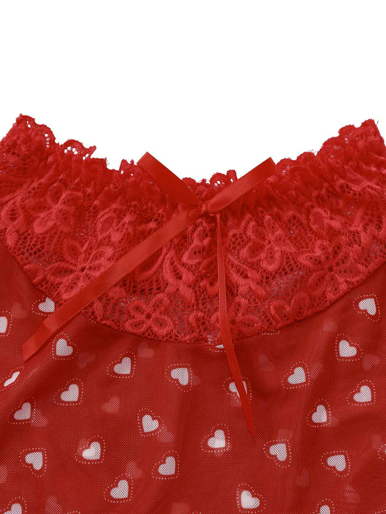 2PCS Pyjama rouge imprimé cœur à volants et nœud pour Valentin années 1960