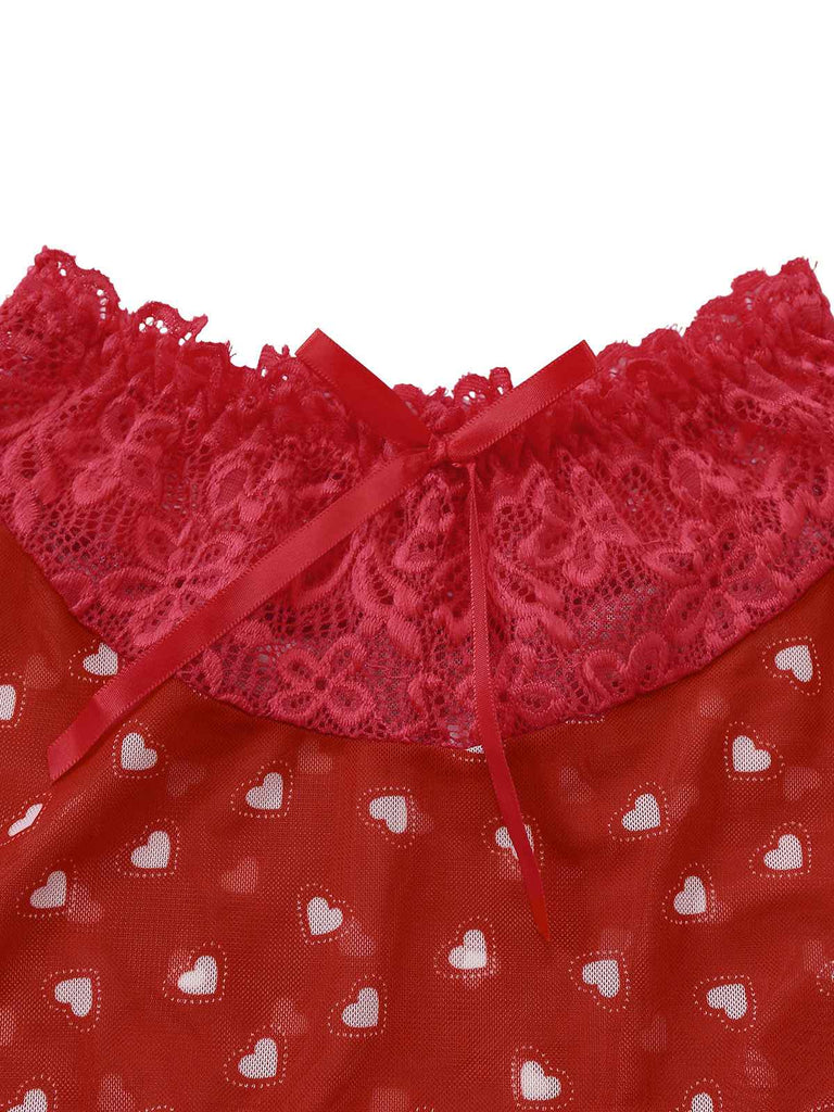 [Prévente] 2PCS Pyjama rouge imprimé cœur à volants et nœud pour Valentin années 1960