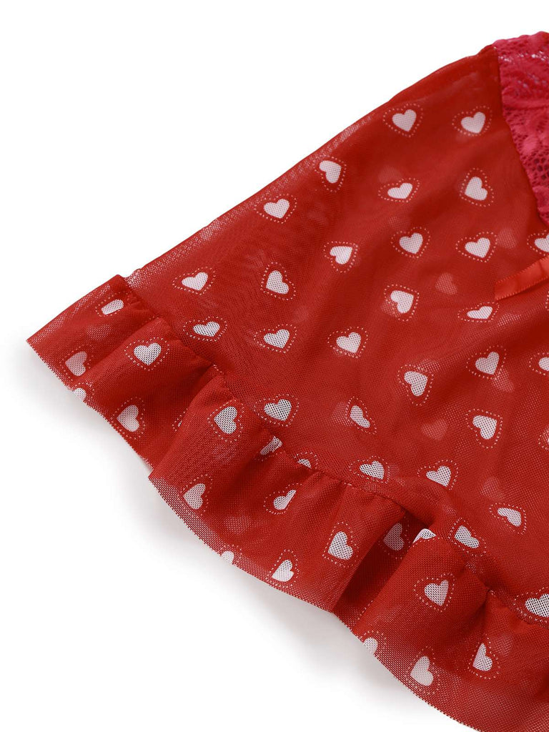 [Prévente] 2PCS Pyjama rouge imprimé cœur à volants et nœud pour Valentin années 1960