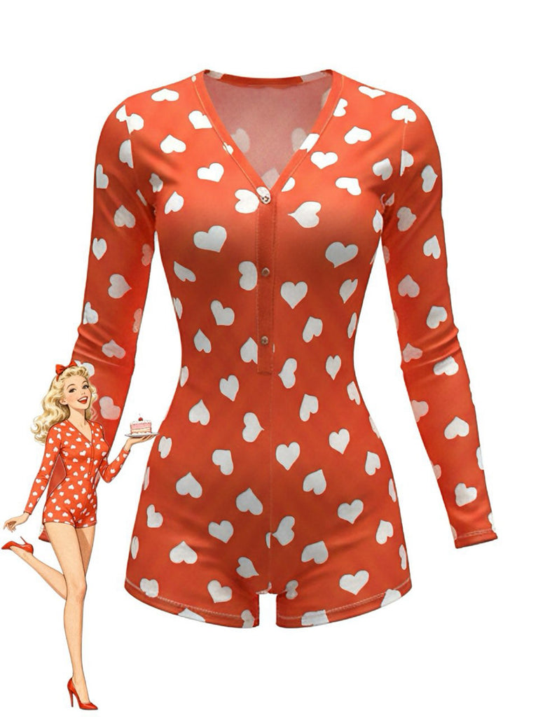 Combinaison pyjama col en V et imprimé cœur années 80