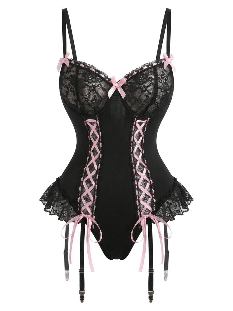 Ensemble de lingerie corset en dentelle noire avec bas résille années 1960