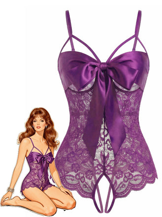 Lingerie en dentelle et satin avec nœud et bretelles réglables années 1970