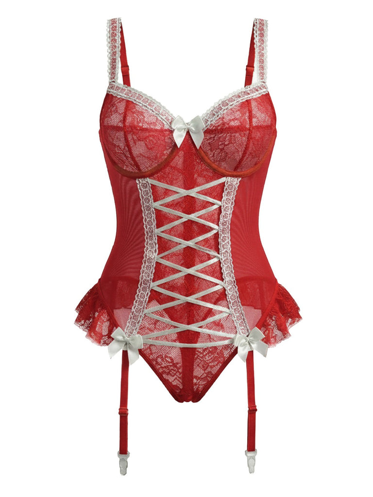 [Prévente] Corset en dentelle rouge avec nœud et bas assortis années 1960