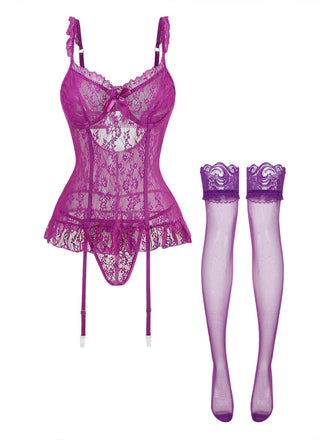 3PCS Violet Dentelle Lingerie Set with Stockings Années 1980